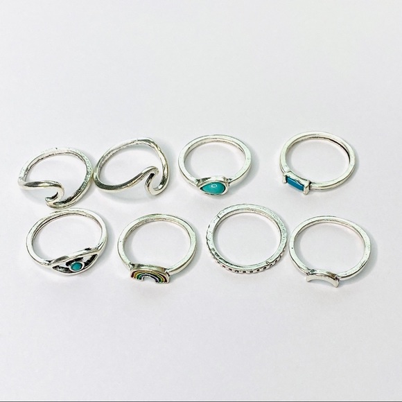 Rainbow Sky Turquoise Stone Silver Ring Set 8pc - Picture 4 of 5